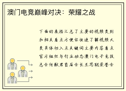 澳门电竞巅峰对决：荣耀之战